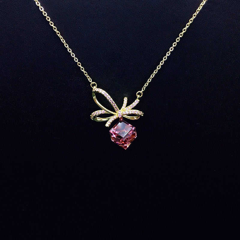 Chic Gold Necklace with Blue Crystal Bow for Daily Sophistication