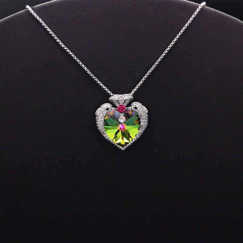 Elegant Silver Heart - shaped Necklace with Blue Crystal for Formal Events