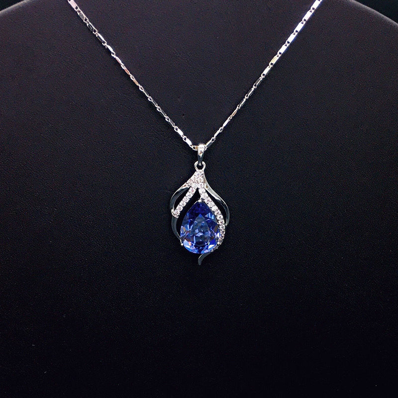 Chic Silver Necklace with Sparkling Blue Teardrop Crystal for Daily Sophistication