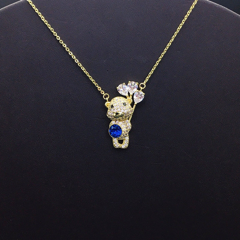 Trendy Teddy Bear Necklace with Blue Crystal and Balloons for Fashion - lovers