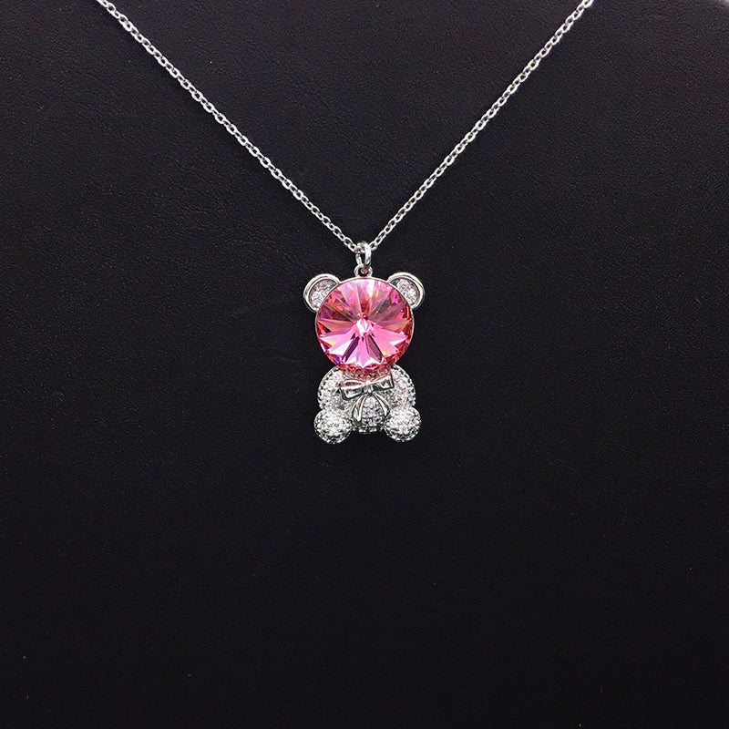 Trendy Teddy Bear Necklace with Blue Crystal and Bow for Fashion - lovers