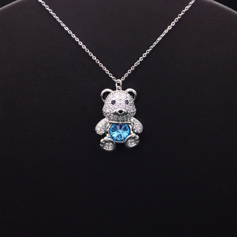 Elegant Silver - Plated Teddy Bear Necklace with Blue Crystal for Formal Occasions