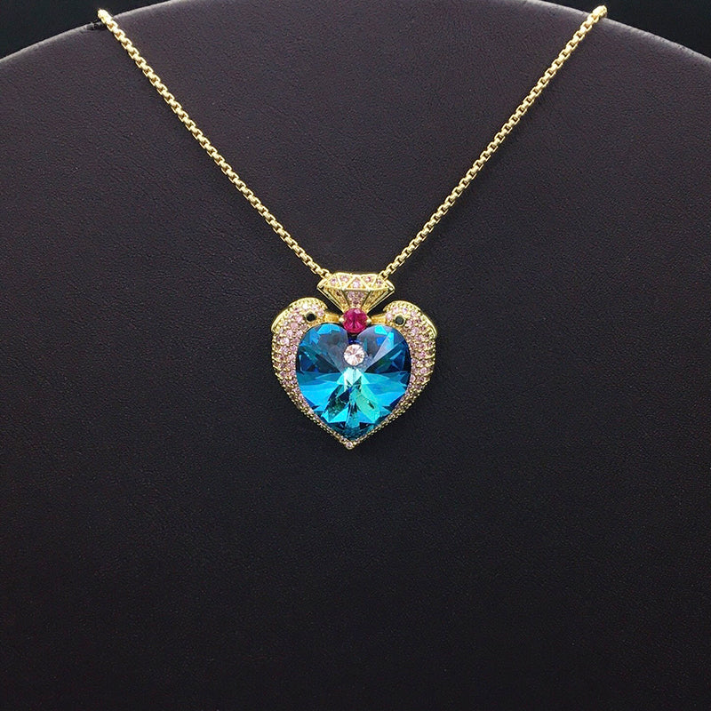 Elegant Silver Heart - shaped Necklace with Blue Crystal for Formal Events