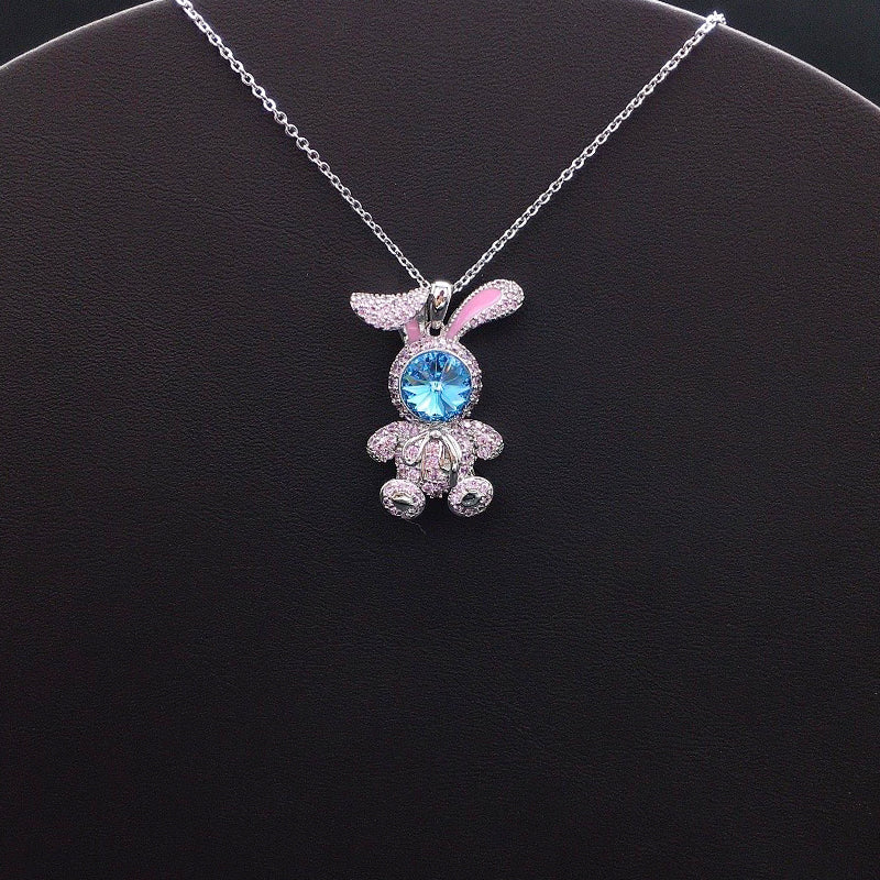 Elegant Silver Bunny Pendant with Pink Accents and Blue Crystal Face for Casual Playful Style