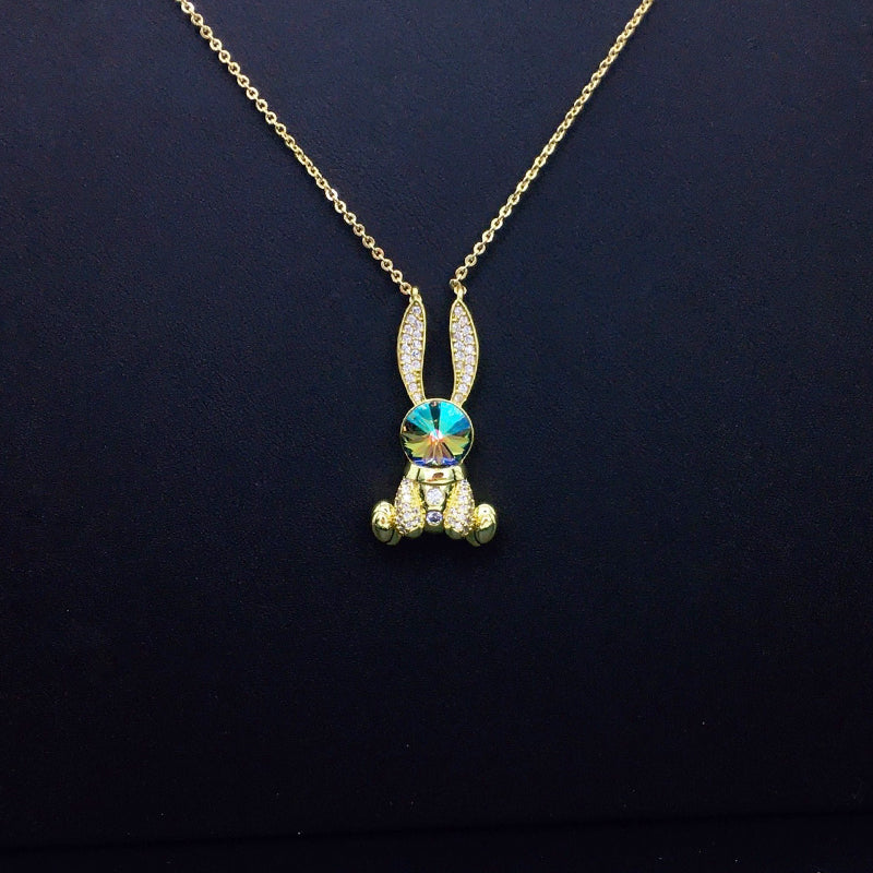 Cute Bunny Blue Crystal Necklace with Sparkling Rhinestones for Daily Chic