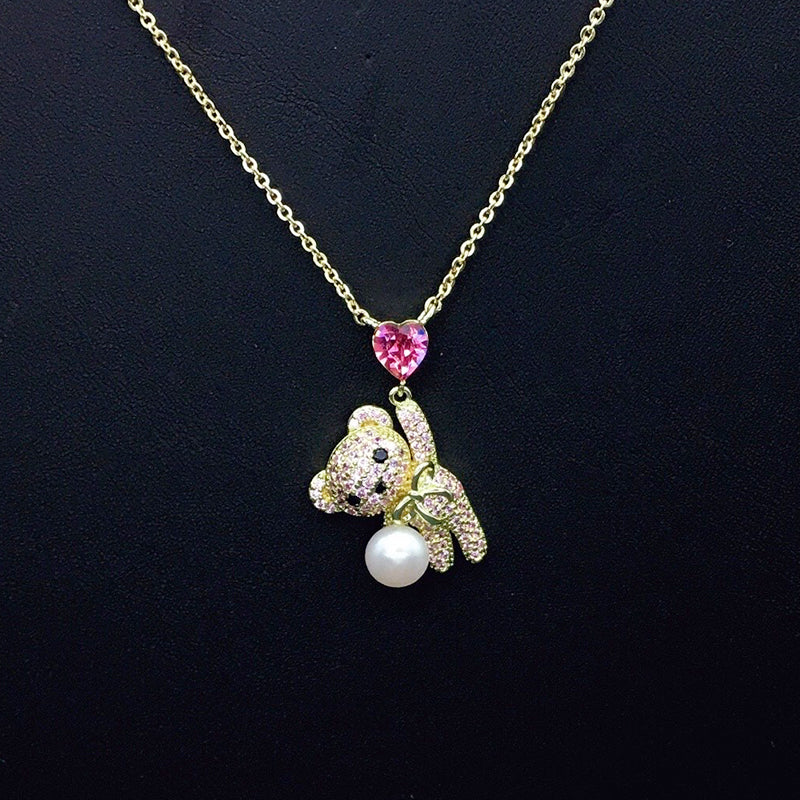 Sparkling Teddy Bear Necklace with Blue Heart Crystal & Pearl for Romantic Dates
