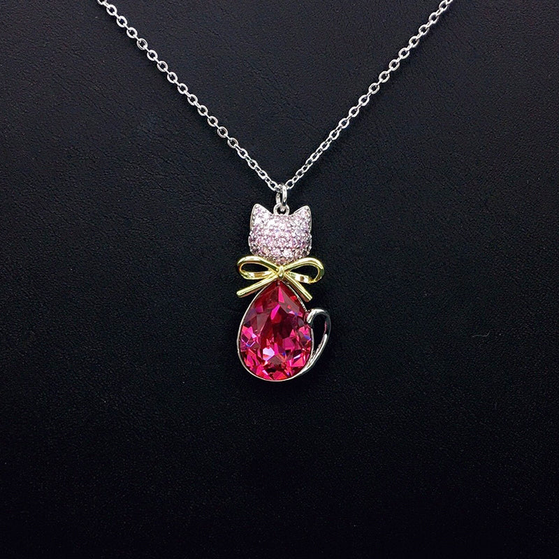 Elegant Silver Cat - shaped Pendant Necklace with Blue Crystal for Formal Events