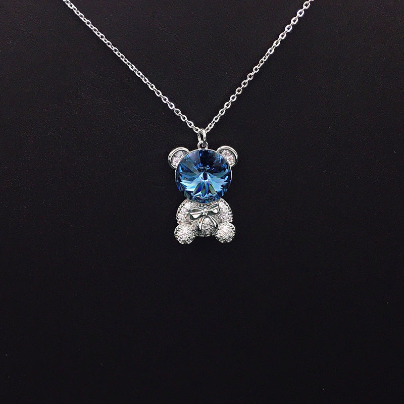Trendy Teddy Bear Necklace with Blue Crystal and Bow for Fashion - lovers