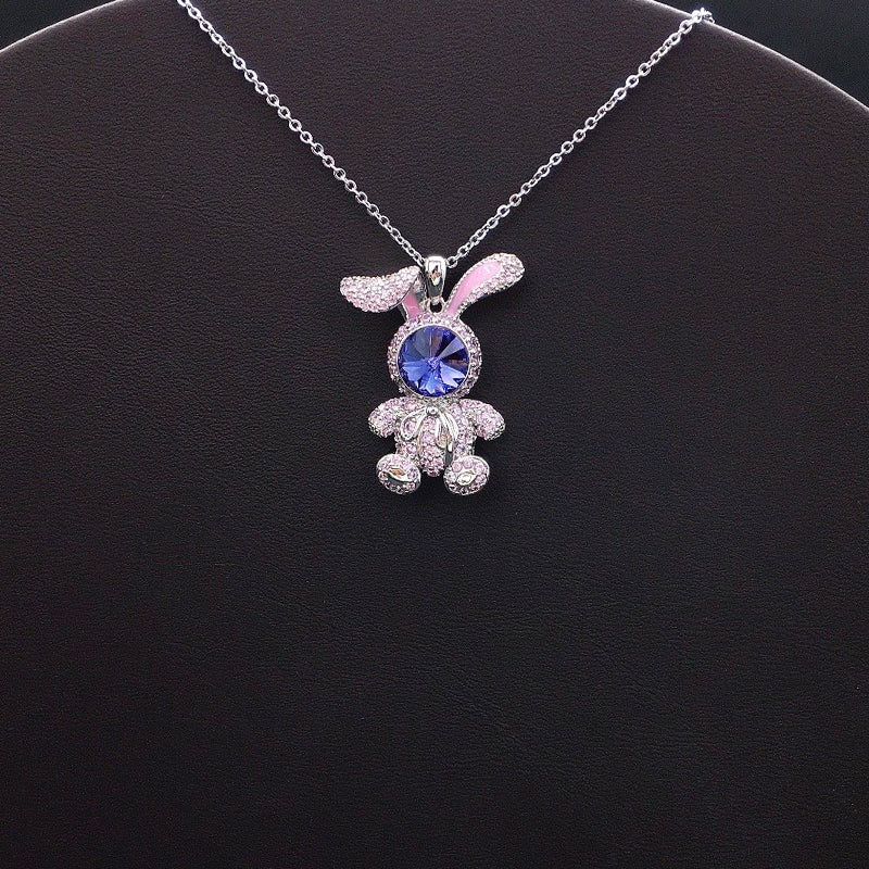 Elegant Silver Bunny Pendant with Pink Accents and Blue Crystal Face for Casual Playful Style