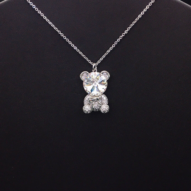 Trendy Teddy Bear Necklace with Blue Crystal and Bow for Fashion - lovers