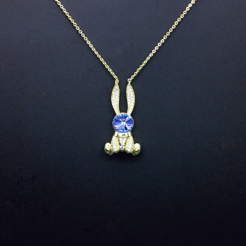 Cute Bunny Blue Crystal Necklace with Sparkling Rhinestones for Daily Chic