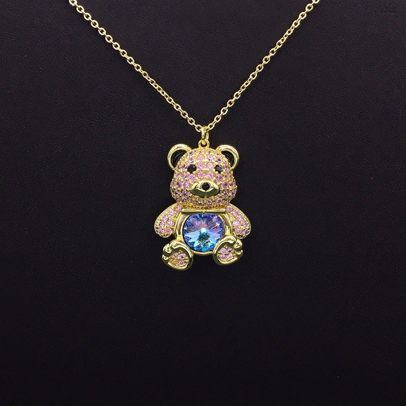 Elegant Silver - Plated Teddy Bear Necklace with Blue Crystal for Formal Occasions