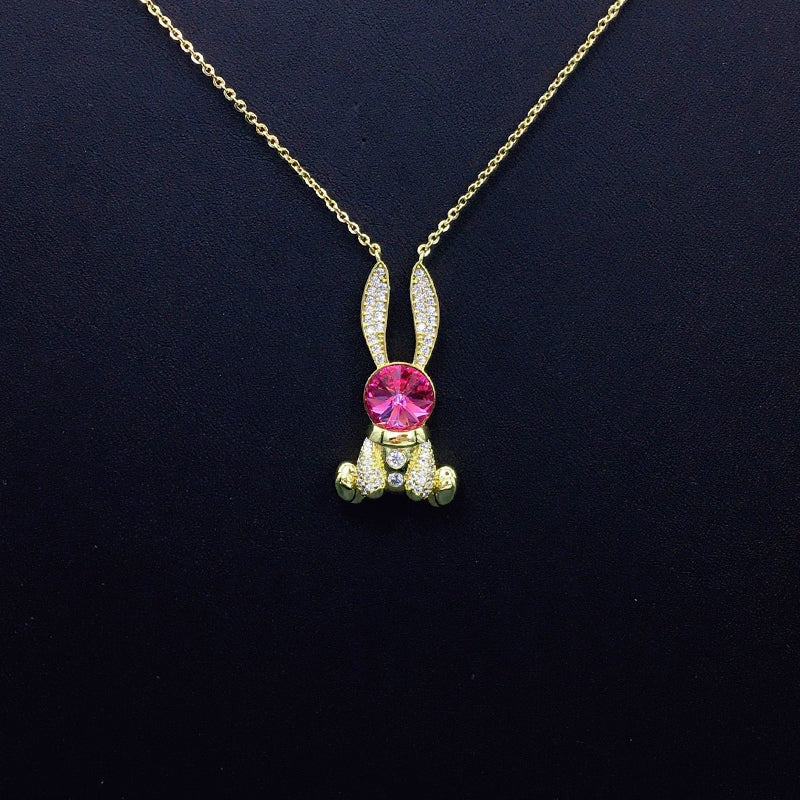 Cute Bunny Blue Crystal Necklace with Sparkling Rhinestones for Daily Chic