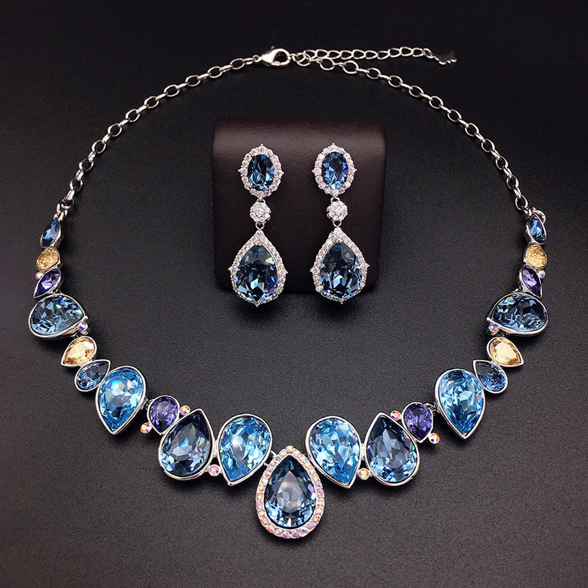 Parure Collier et Boucles d'Oreilles de Luxe Goutte Cristal Bleu Océan