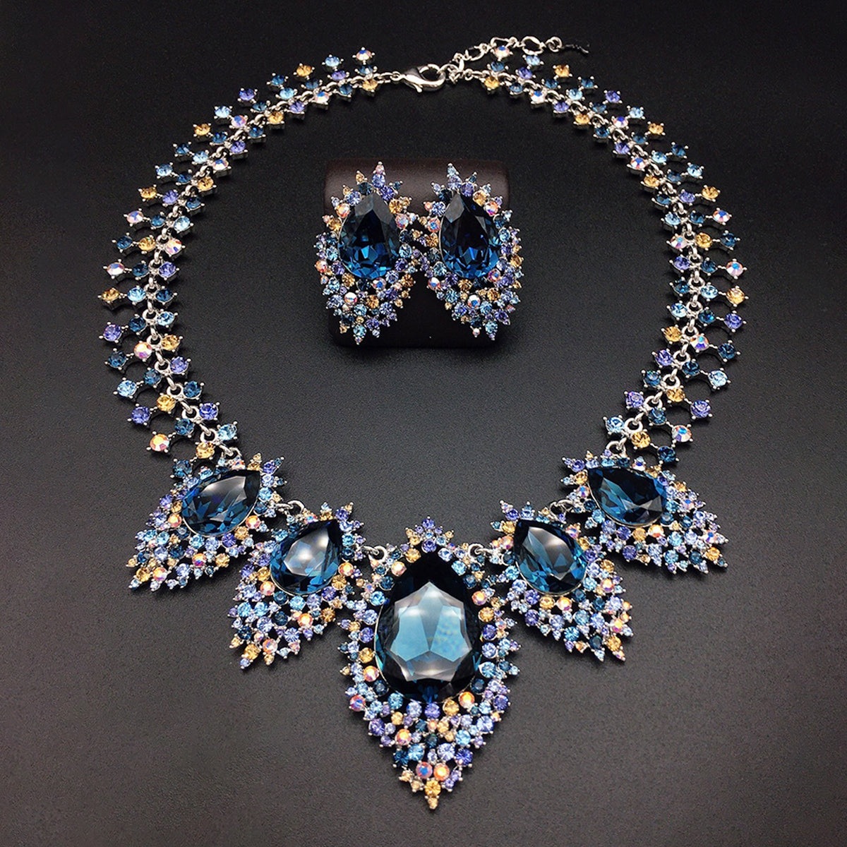 Parure de bijoux élégante Collier goutte en cristal bleu roi