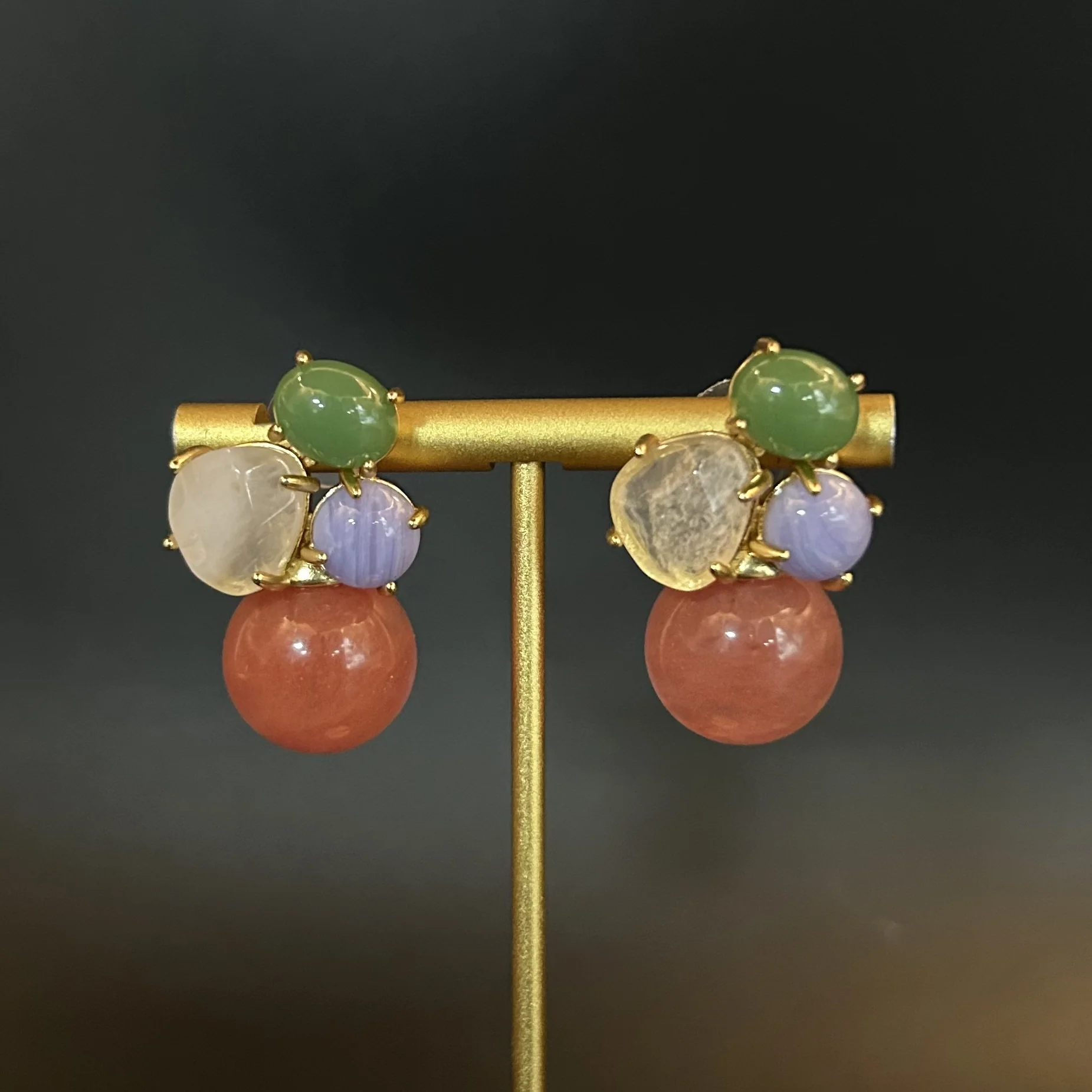 Boucles d'oreilles en laiton avec pierres géométriques irrégulières imitation pastèque