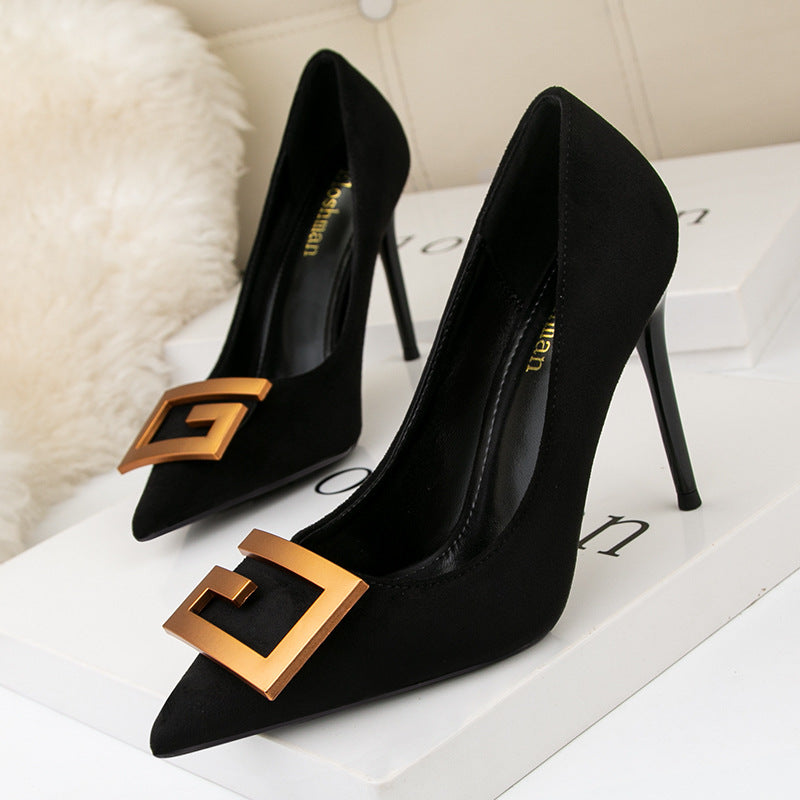 Pointed suede shallow mouth banquet professional high heels