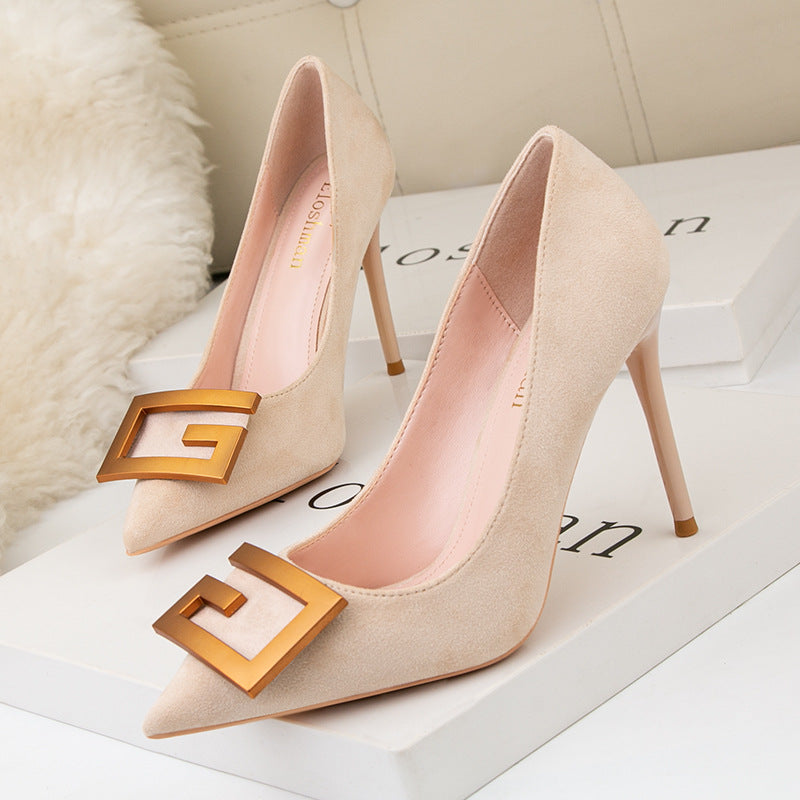 Pointed suede shallow mouth banquet professional high heels