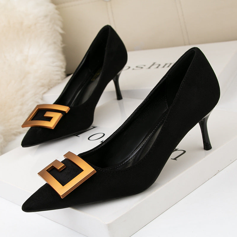 Pointed suede shallow mouth banquet professional high heels