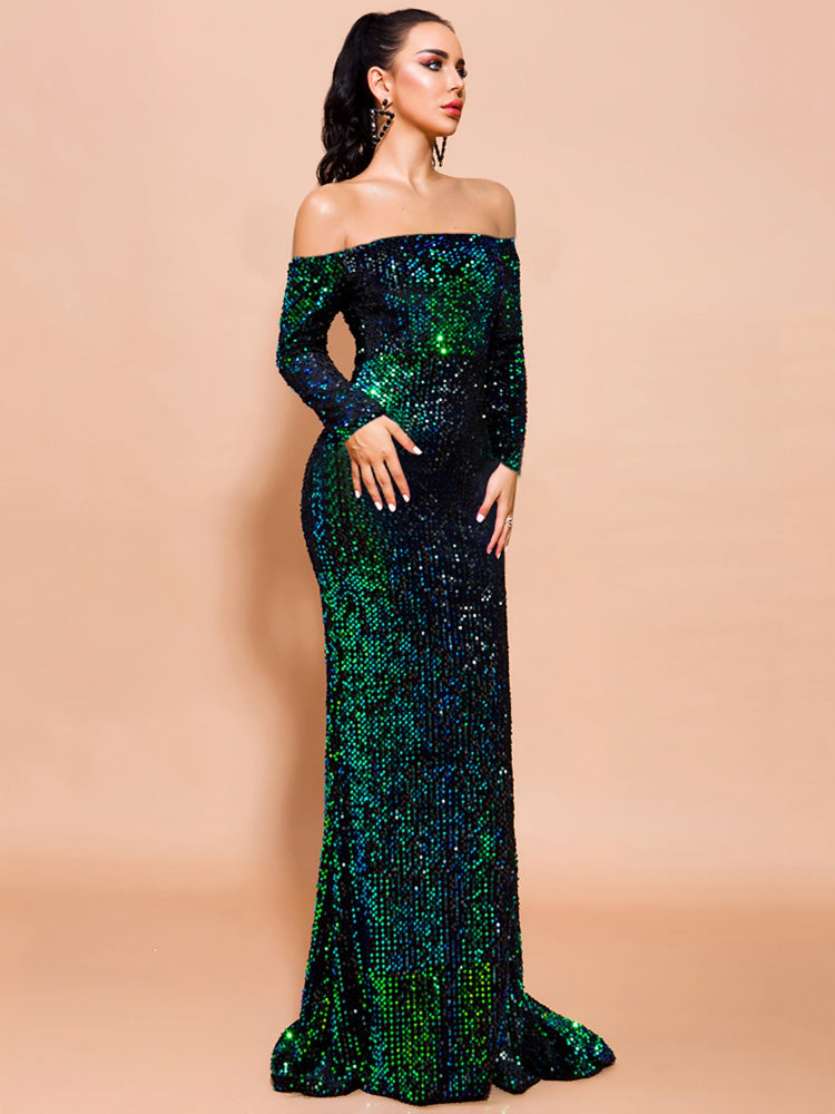 Sexy tube top one-word shoulder long-sleeved sequin dress