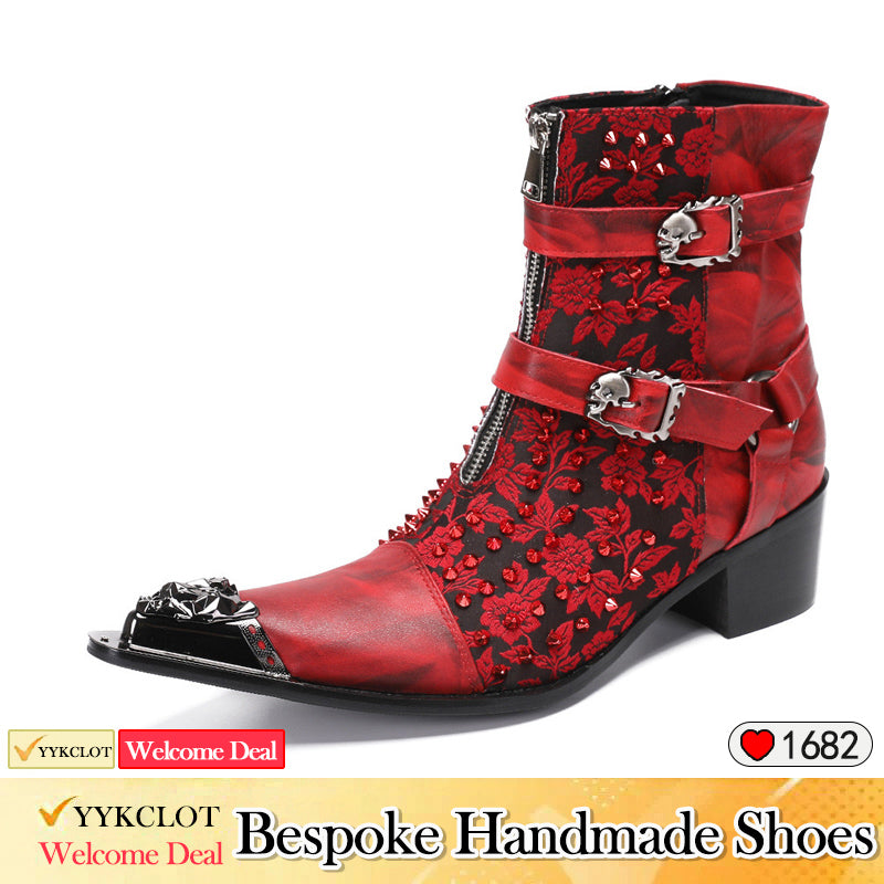 Red hand-embroidered high-top Brogues men's party leather boots