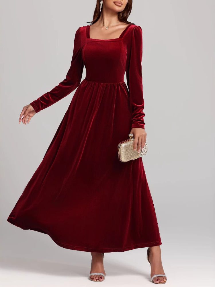 Red evening dress long dress golden velvet dress