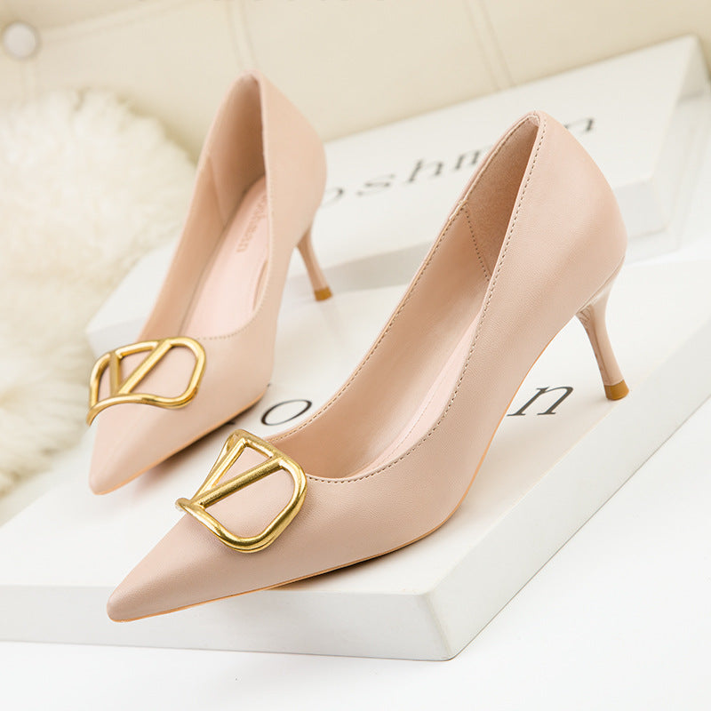 Fashion professional V-shaped square buckle pointed high heels