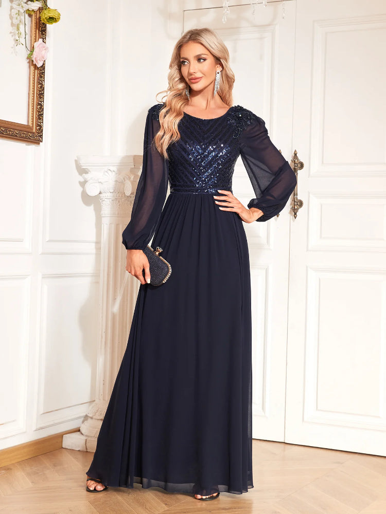 Fashion sequin temperament long-sleeved evening dress