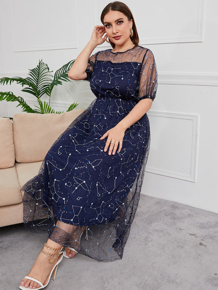 French plus size mesh embroidered dress