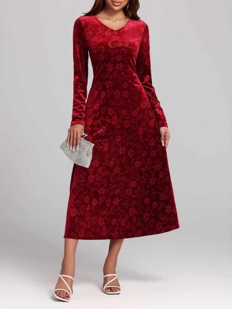 Long Sleeve V-Neck Printed Velvet Dress