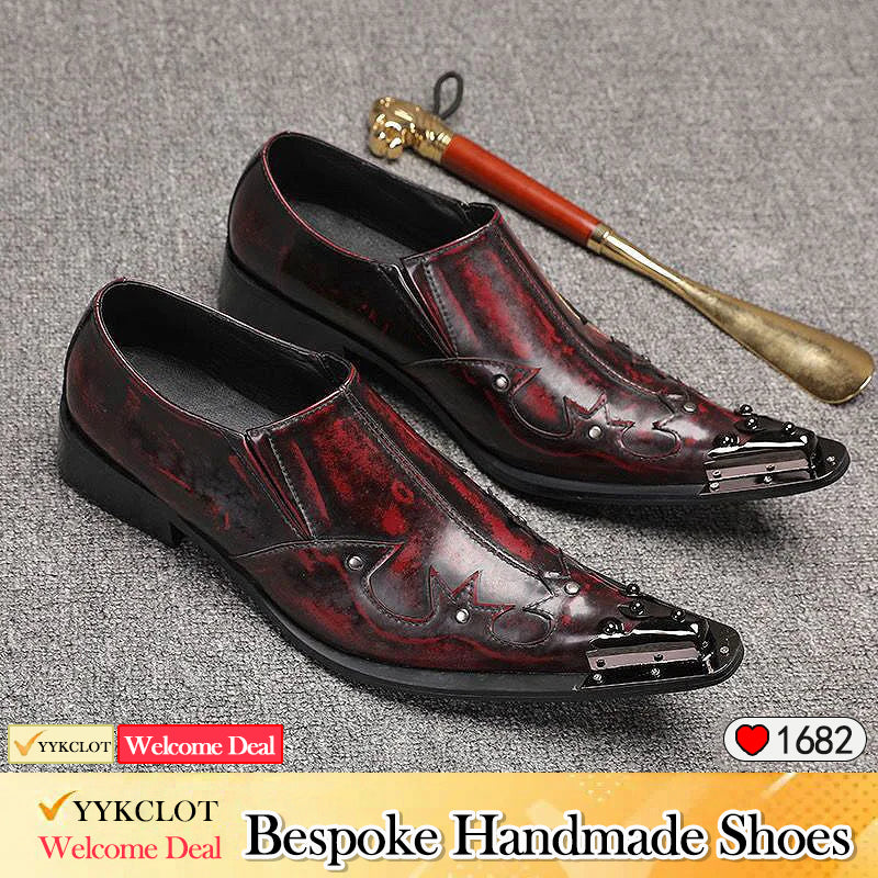 Dark red hand-polished leather dress shoes Men's dress party shoes