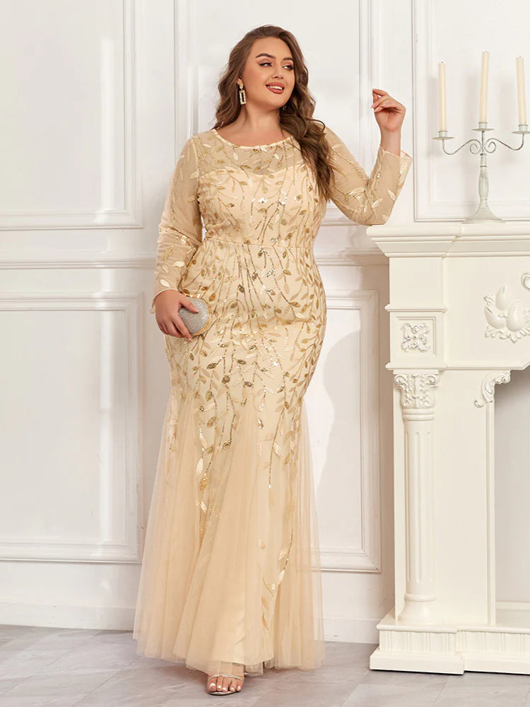 Large Size Crew Neck Embroidered Long Sleeve Fishtail Evening Dress