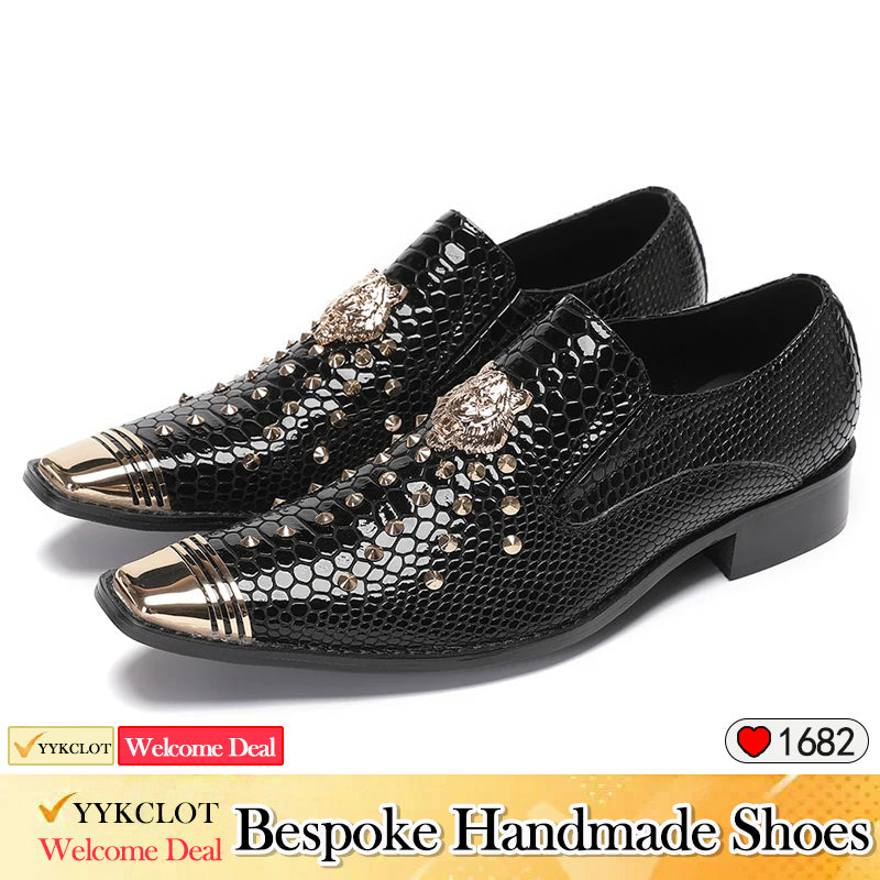 Black leather fashion dress shoes Men's studded party shoes