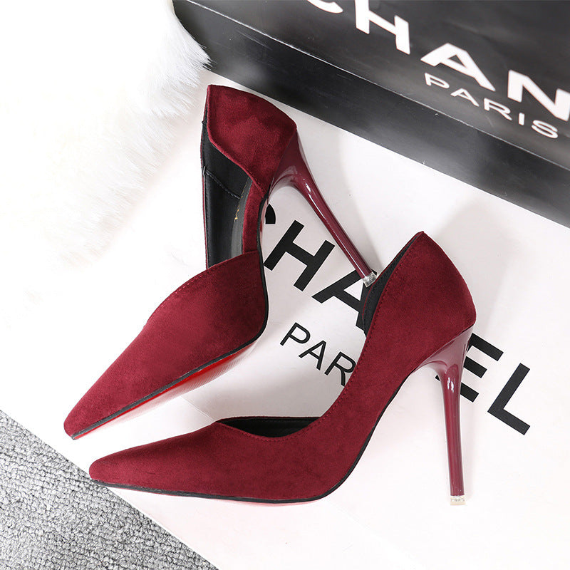 Simple suede hollow pointed high heels