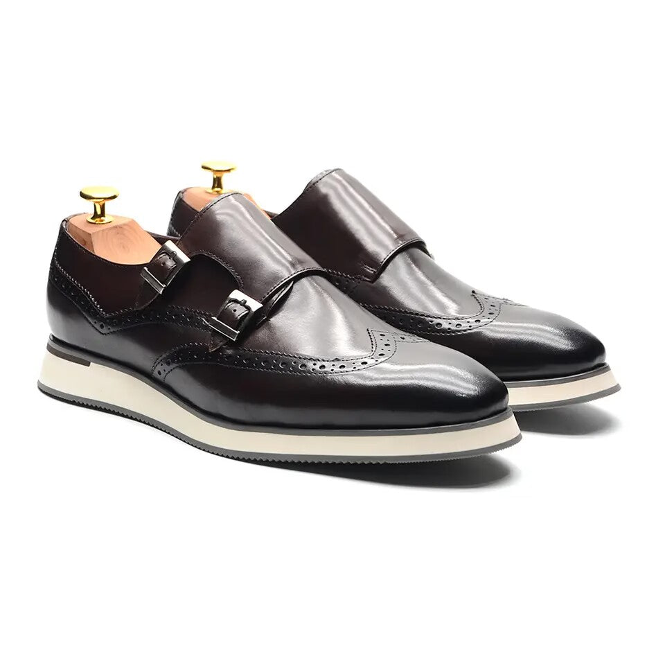 Black classic casual shoes Men's leather double-buckle sneakers