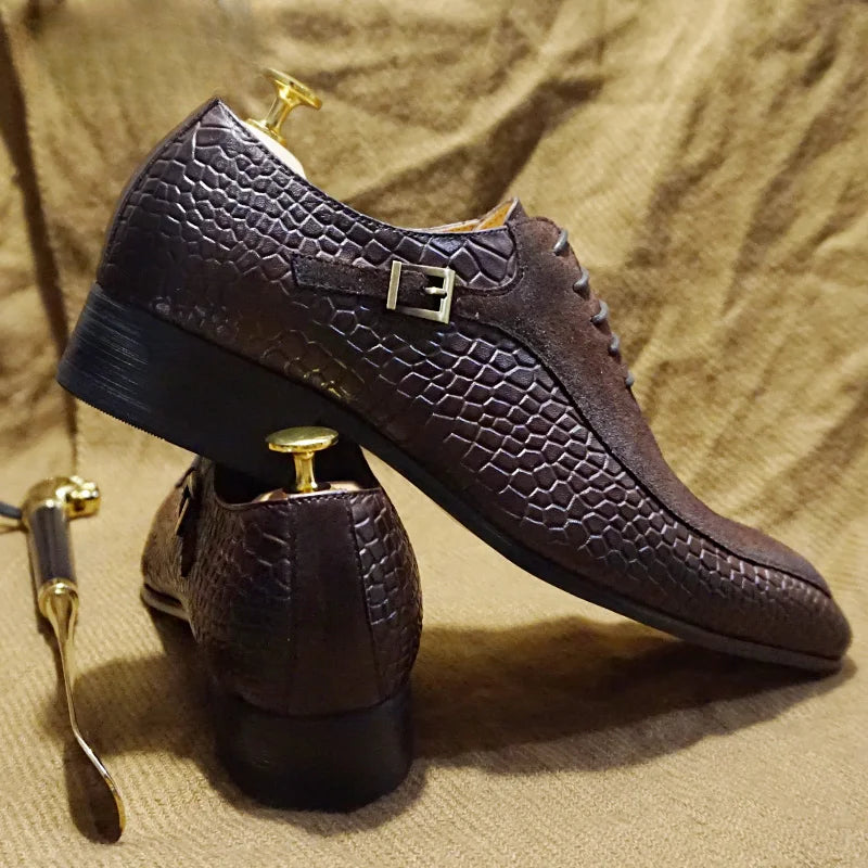 Luxury Men Oxford Shoes Lace up Split Toe Black Brown Men Dress Shoes Suede Patchwork Crocodile prints Leather Shoes Men