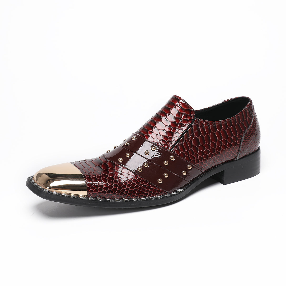 Red flat head snake skin rivet party dress shoes