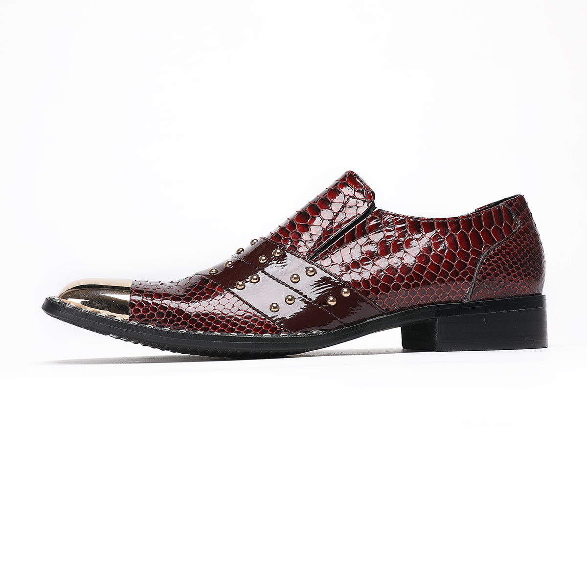 Red flat head snake skin rivet party dress shoes