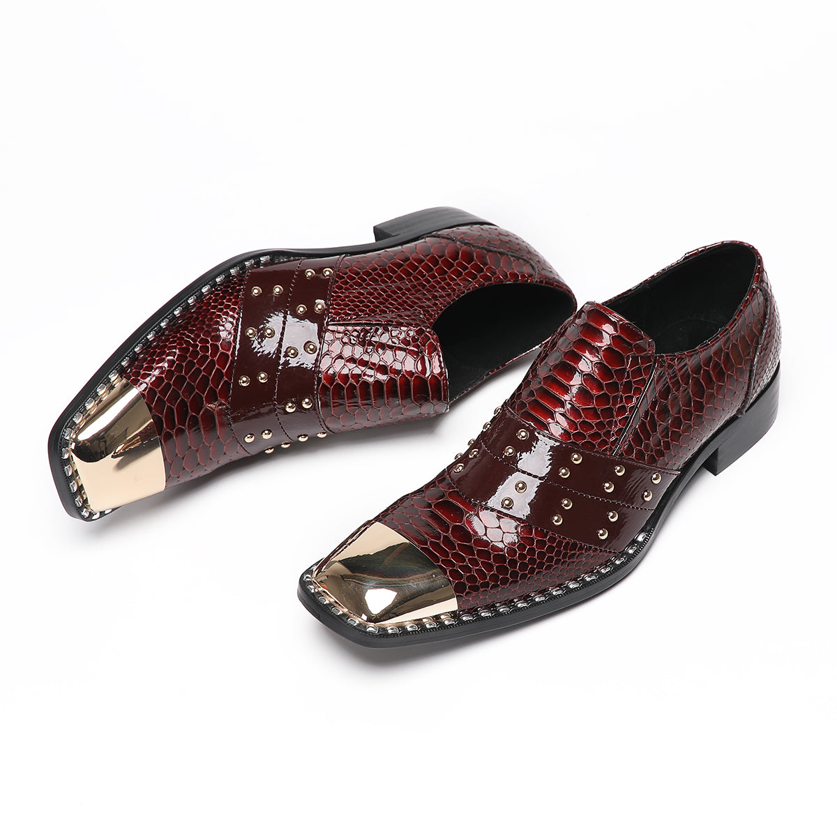 Red flat head snake skin rivet party dress shoes