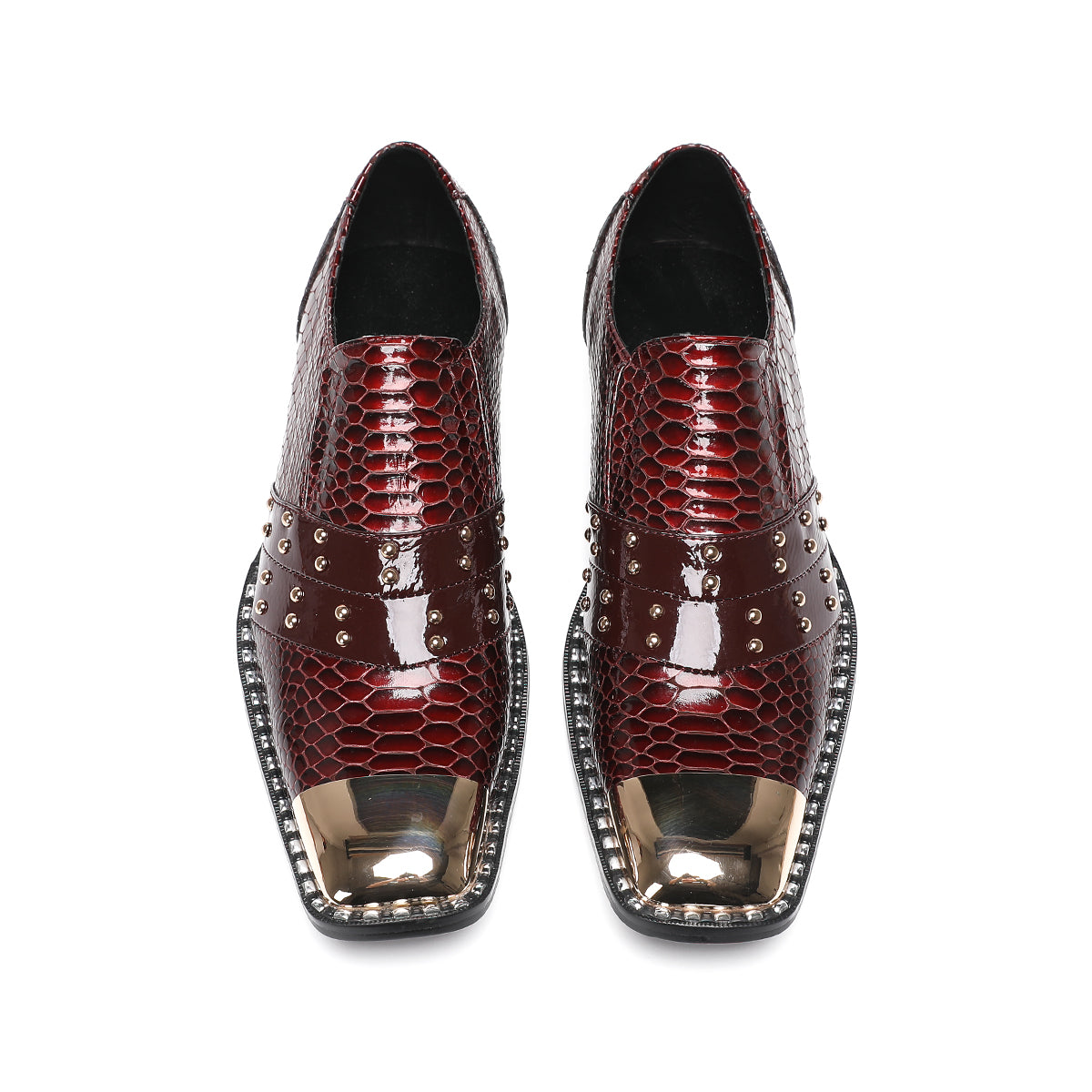 Red flat head snake skin rivet party dress shoes