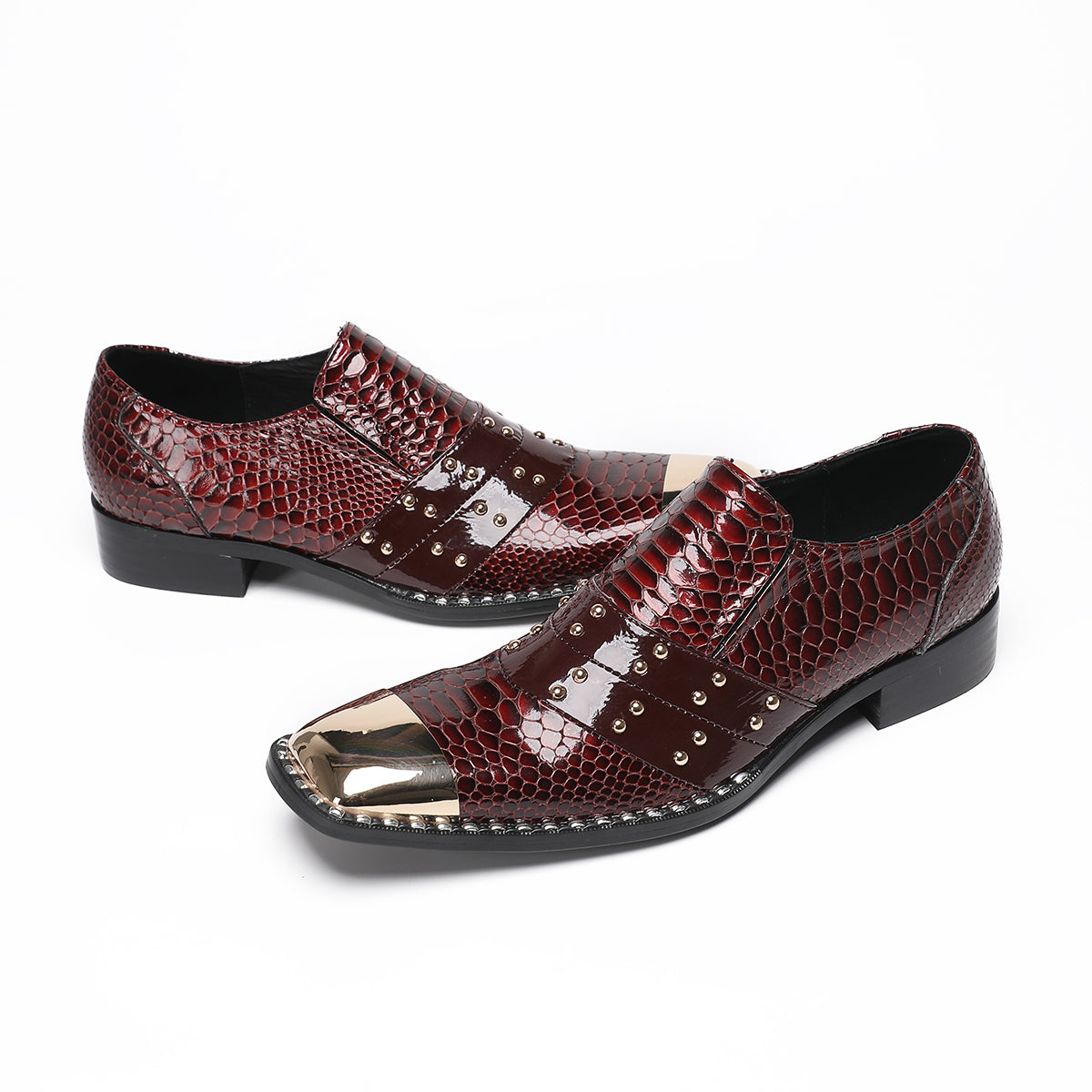 Red flat head snake skin rivet party dress shoes