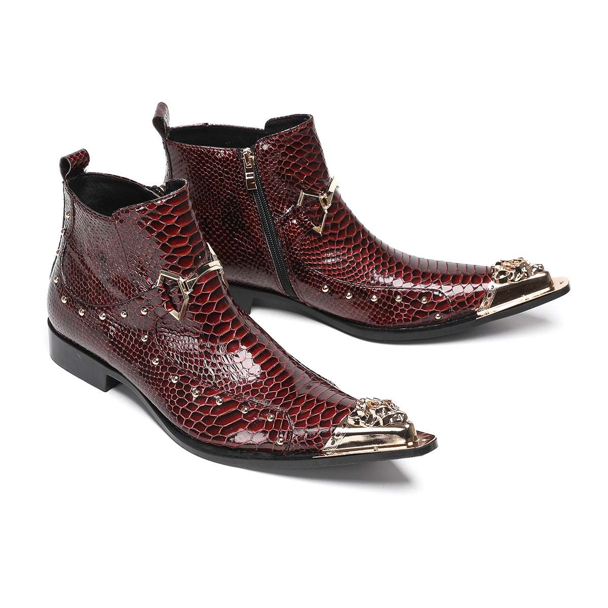 Red metal pointed snake skin metal buckle boots