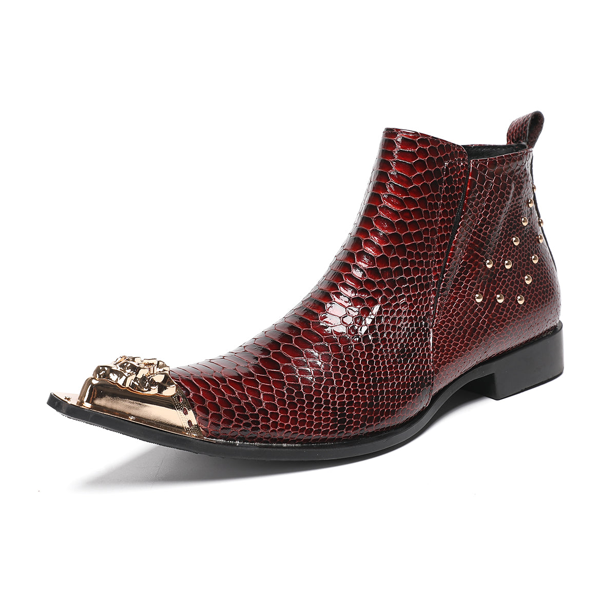 Red metal pointed snake skin metal buckle boots