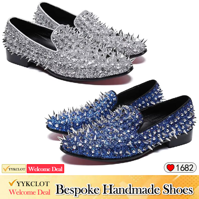 Silver handmade studded party shoes Men's glitter dress shoes