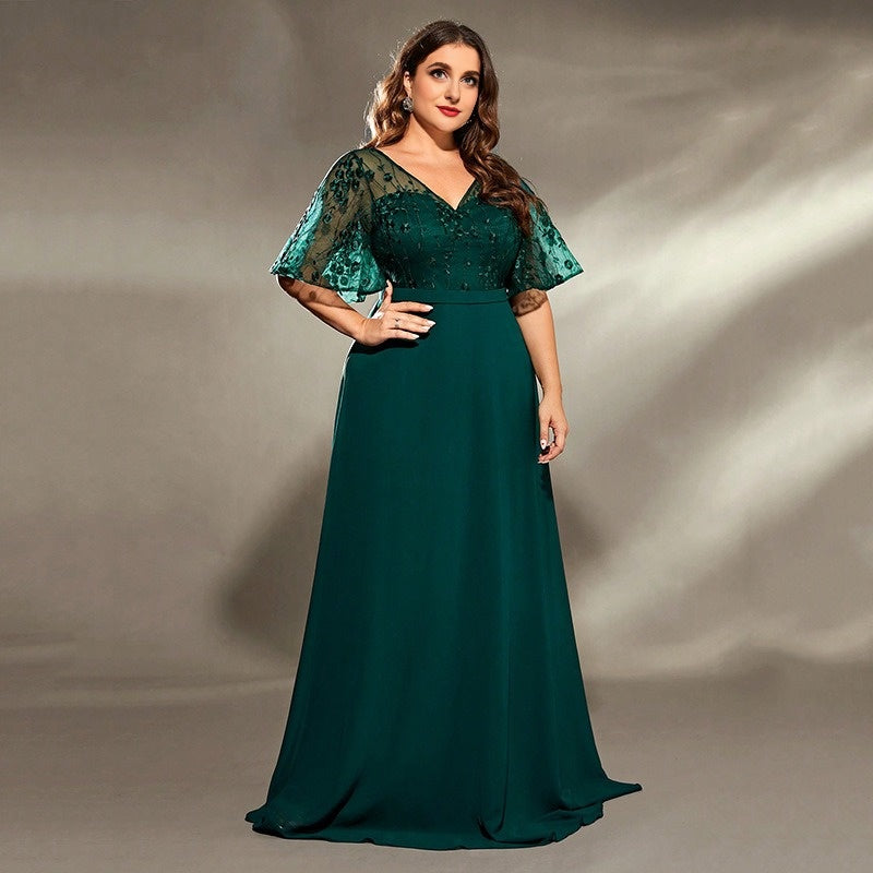 Green plus lace embroidered V-neck dress