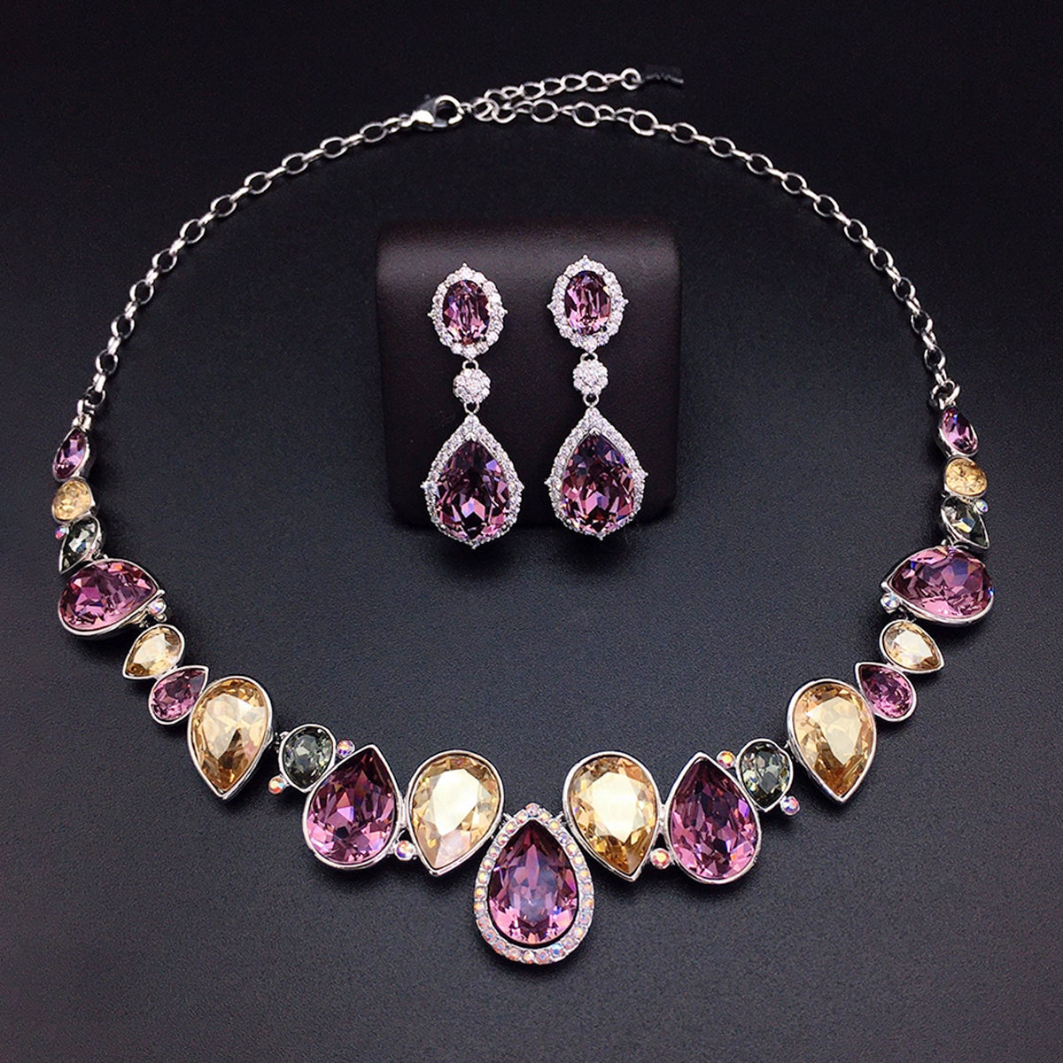 Parure Collier et Boucles d'Oreilles de Luxe Goutte Cristal Bleu Océan