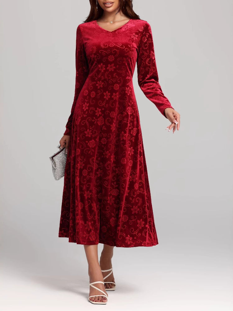 Long Sleeve V-Neck Printed Velvet Dress