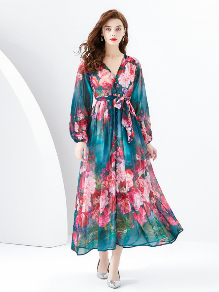 V-neck lantern sleeve wavy edge painted dress