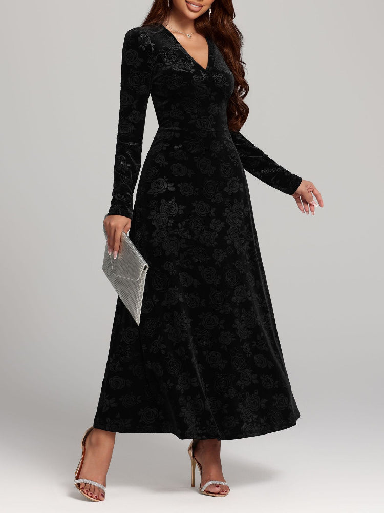 Fashion Velvet Print V-Neck Long Sleeve Dress