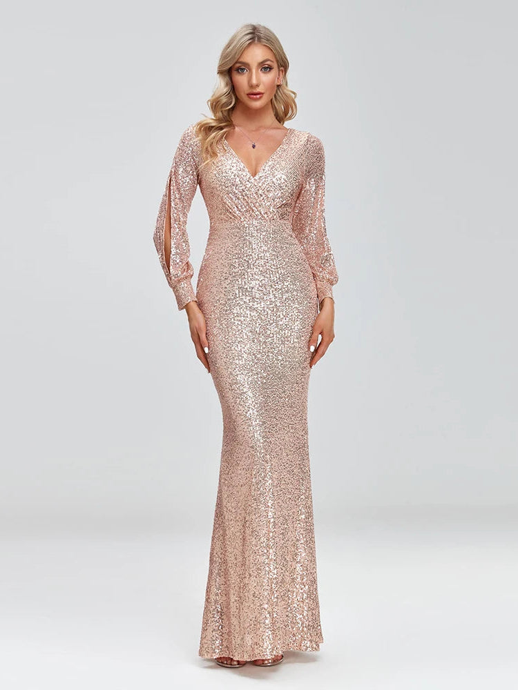 Long Sleeve V-Neck Sequin Fishtail Dress